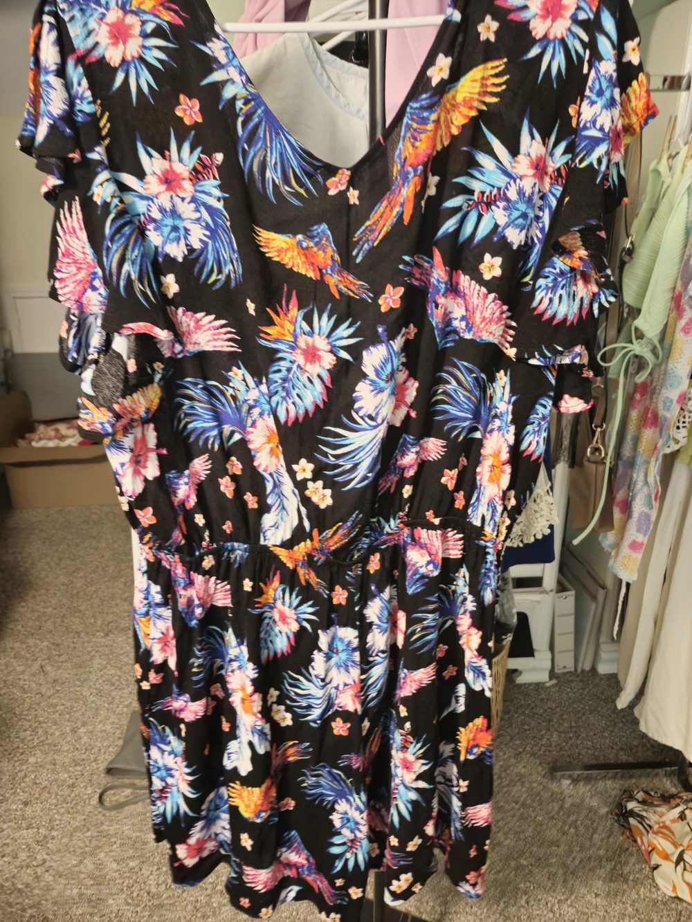 Floral Parrot Print Black Womenโs Summer Rompers